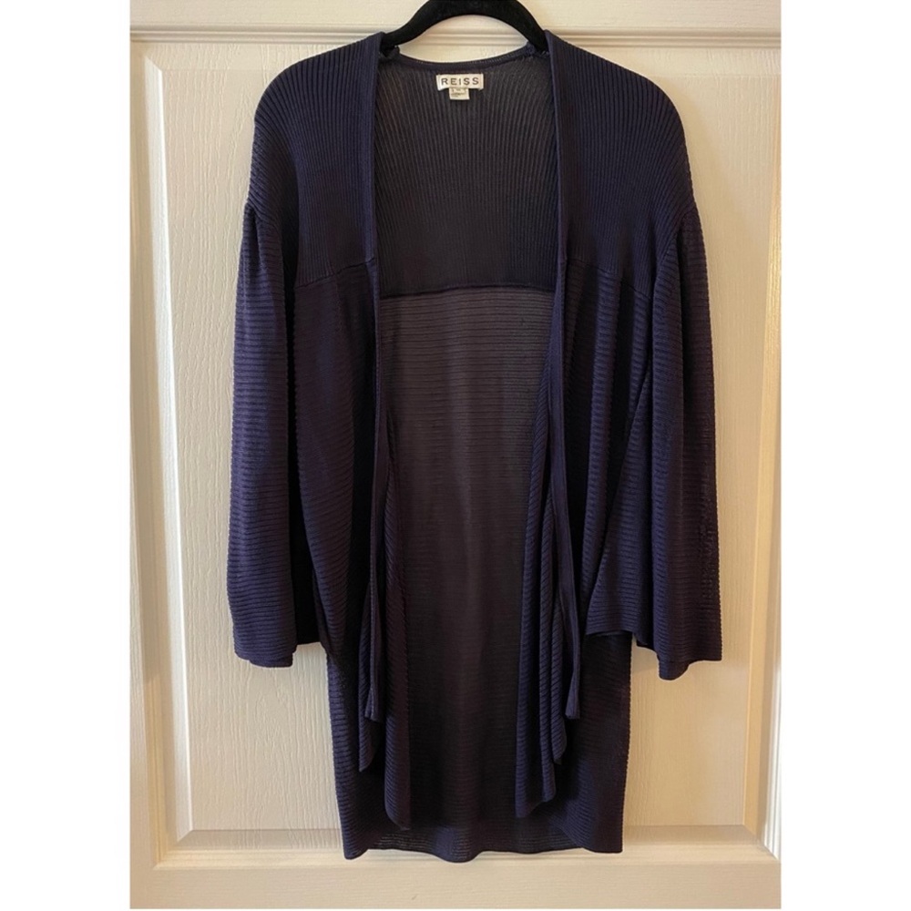 REISS Dark Blue Viscose Ribbed Bat Sleeve Sweater Cardigan - XS